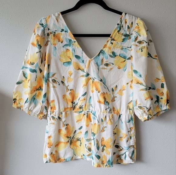 GAP Linen Blend Yellow Watercolor Floral Peplum Puff Sleeve Top sz Small Tall - Picture 4 of 7